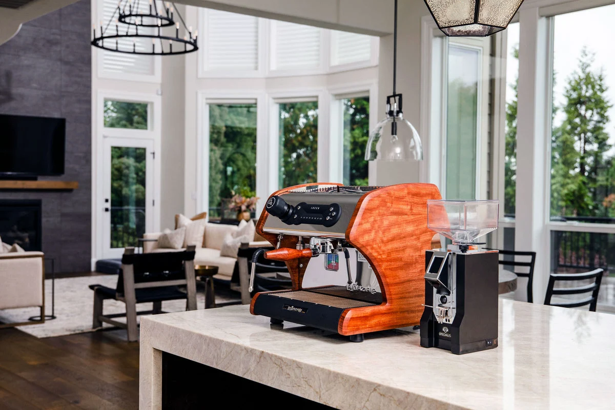 Luxury stainless steel LUCCA espresso machine with wood side panels